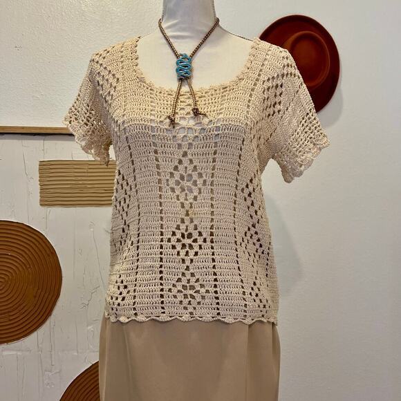 Handmade 70s Woven Cream Short Sleeve Indie Semi Sheer Crocheted Top - Picture 1 of 9